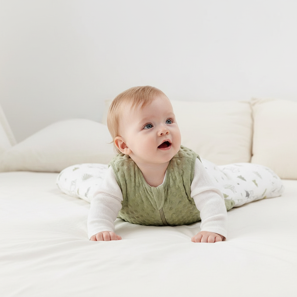 Gigoteuse bébé verte et blanche portée par un bébé allongé à plat ventre sur un lit.