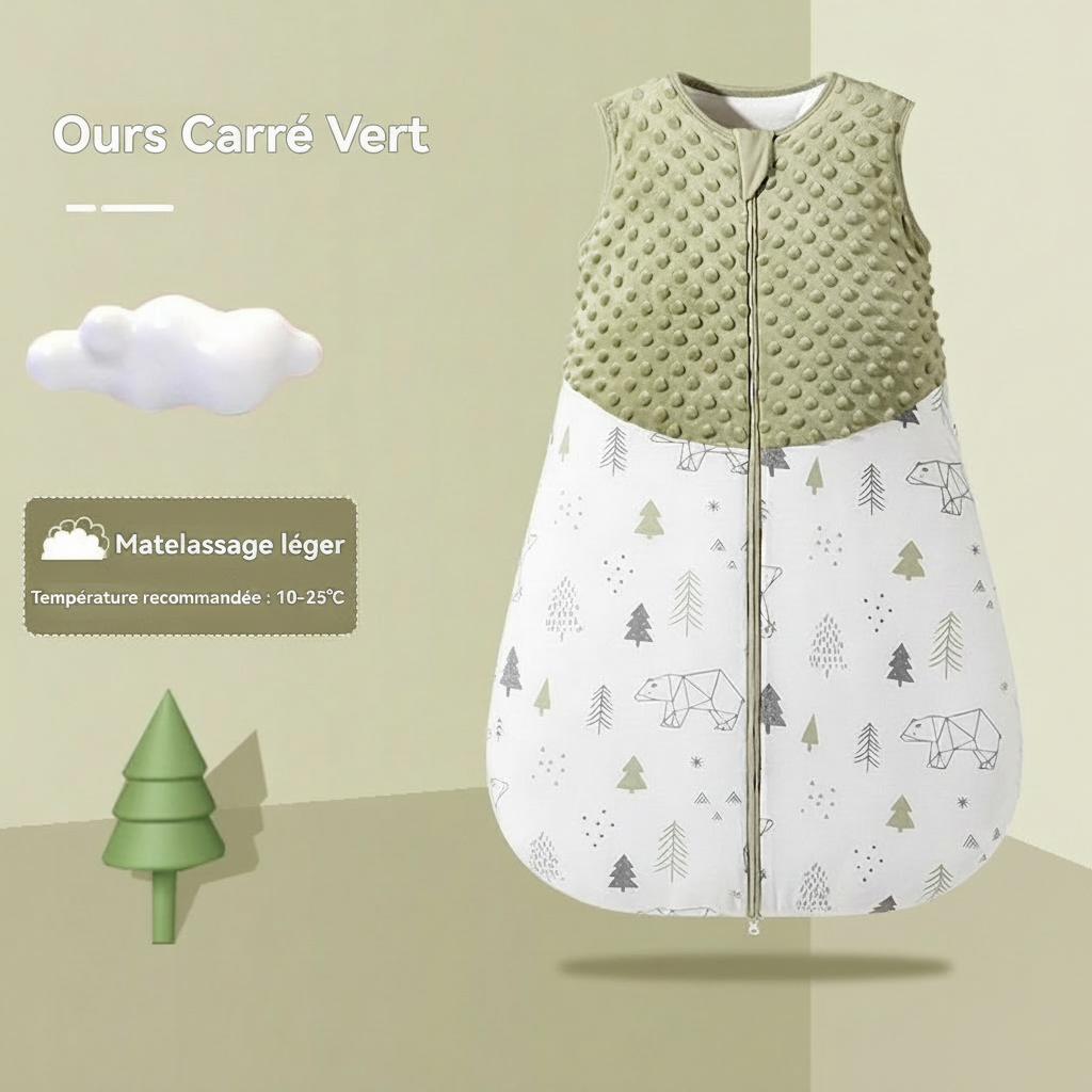 Gigoteuse bébé modèle "Ours Carré Vert" avec matelassage léger pour une température recommandée de 10-25°C.