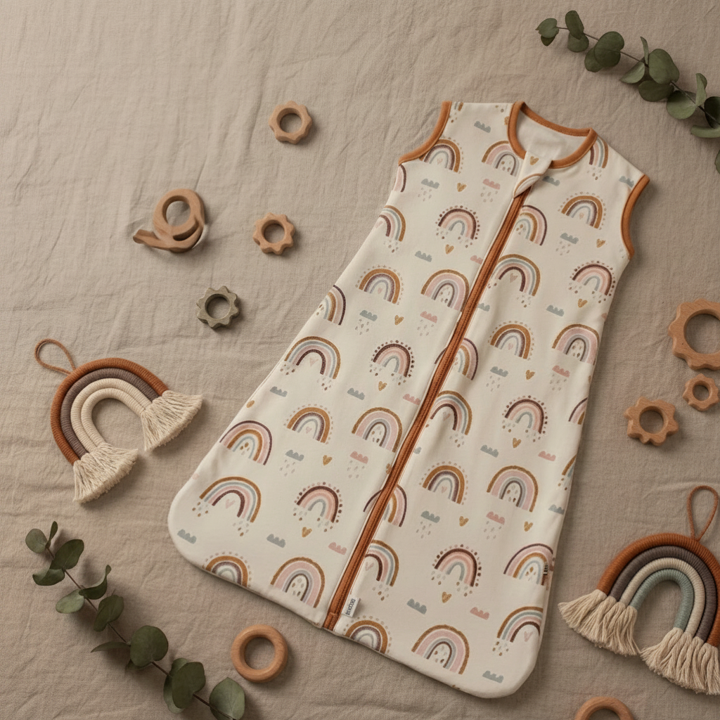Gigoteuse bébé sans manches à motifs d'arcs-en-ciel, disposée à plat sur un tissu en lin beige avec des jouets en bois et un hochet arc-en-ciel, pour une présentation de produit.