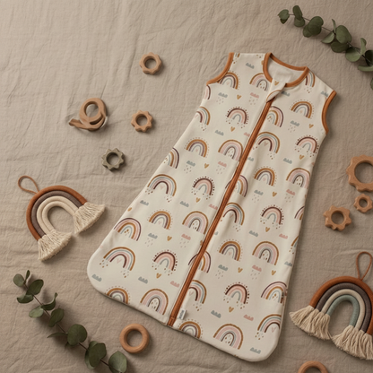 Gigoteuse bébé sans manches à motifs d'arcs-en-ciel, disposée à plat sur un tissu en lin beige avec des jouets en bois et un hochet arc-en-ciel, pour une présentation de produit.