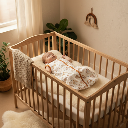 Gigoteuse bébé portée par un bébé endormi sur le dos dans un berceau en bois clair, vu de dessus, dans une chambre de bébé lumineuse et épurée.