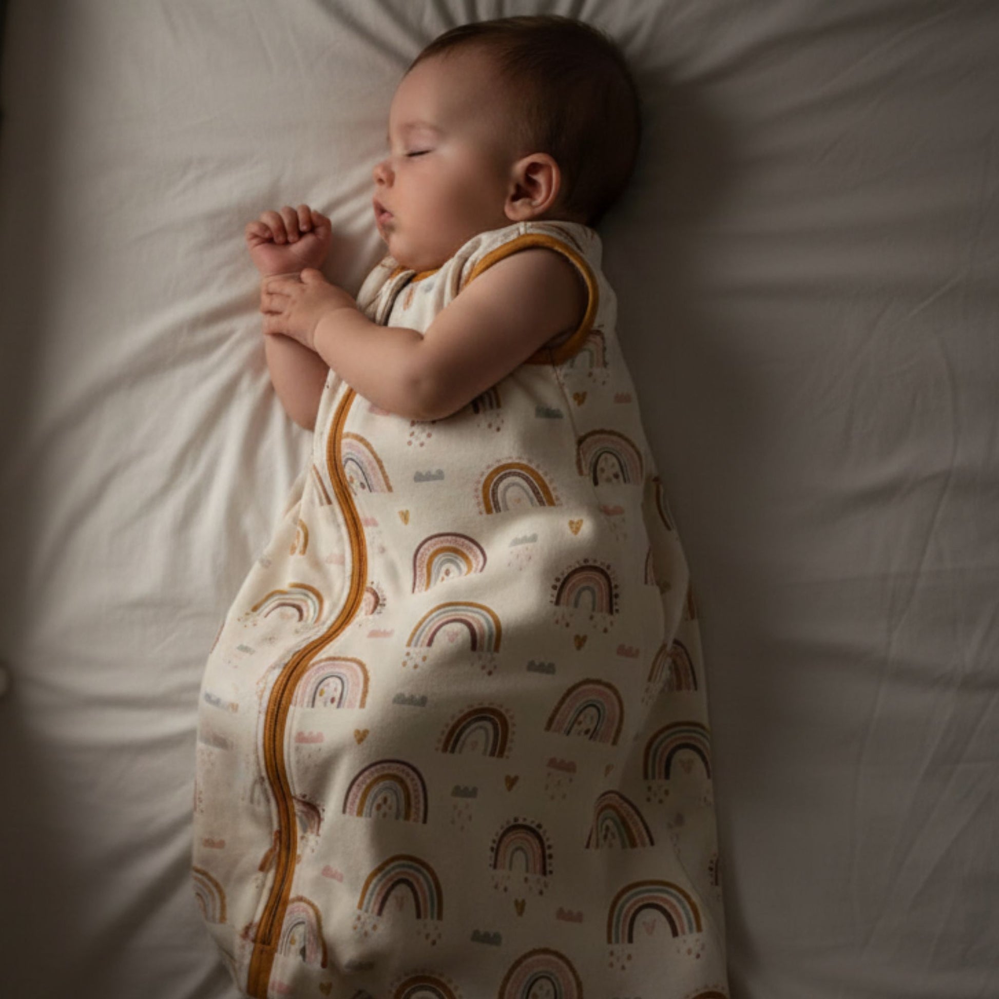 Gigoteuse bébé avec le motif d'arcs-en-ciel porté par un bébé allongé sur le dos dans son berceau, montrant le détail du tissu.