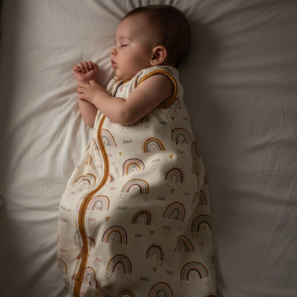 Gigoteuse bébé avec le motif d'arcs-en-ciel porté par un bébé allongé sur le dos dans son berceau, montrant le détail du tissu.