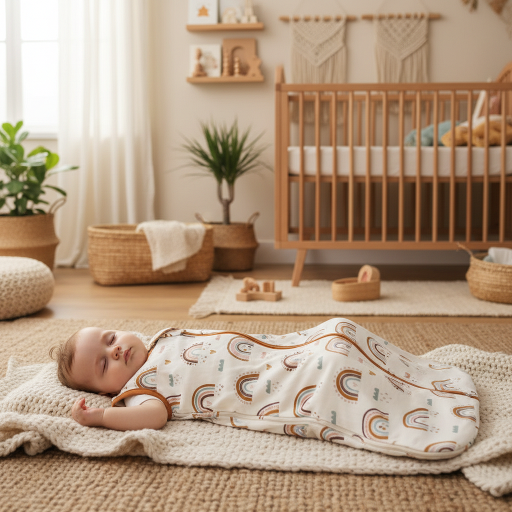 Gigoteuse bébé portée par un bébé allongé sur un tapis en jute au sol d'une chambre d'enfant d'inspiration bohème, devant son berceau.