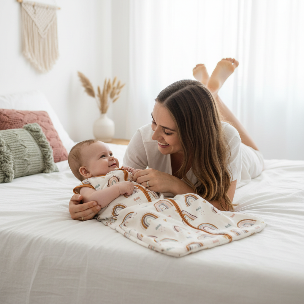 Gigoteuse bébé portée par un bébé souriant allongé sur le dos sur un lit, avec maman s'occupant de lui en arrière-plan.