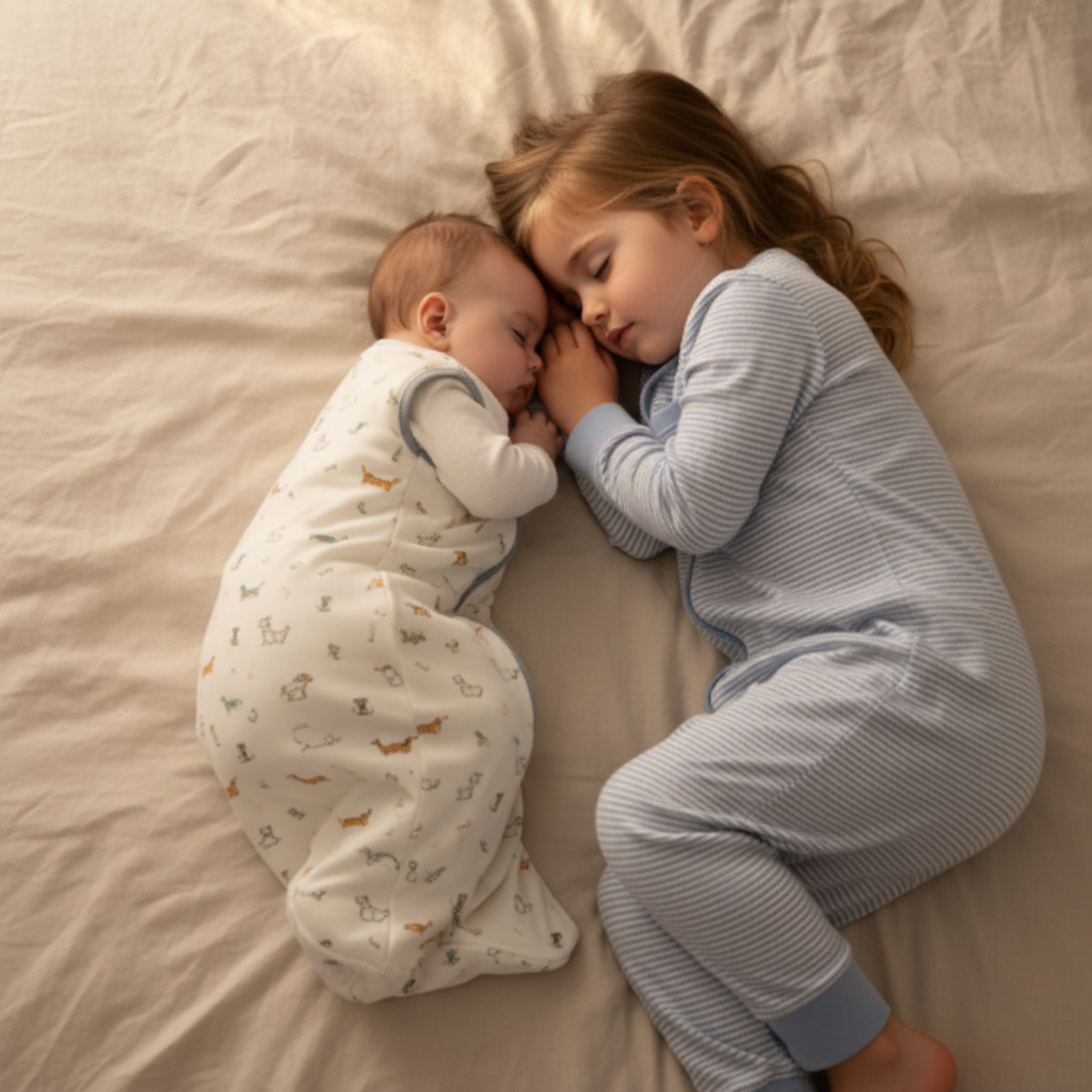 Gigoteuse bébé sur un enfant faisant la sieste à côté d'une plus grande fille.
