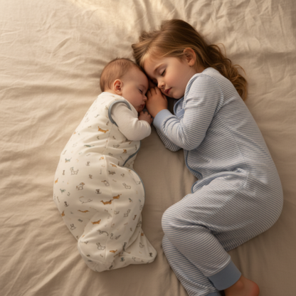 Gigoteuse bébé sur un enfant faisant la sieste à côté d'une plus grande fille.