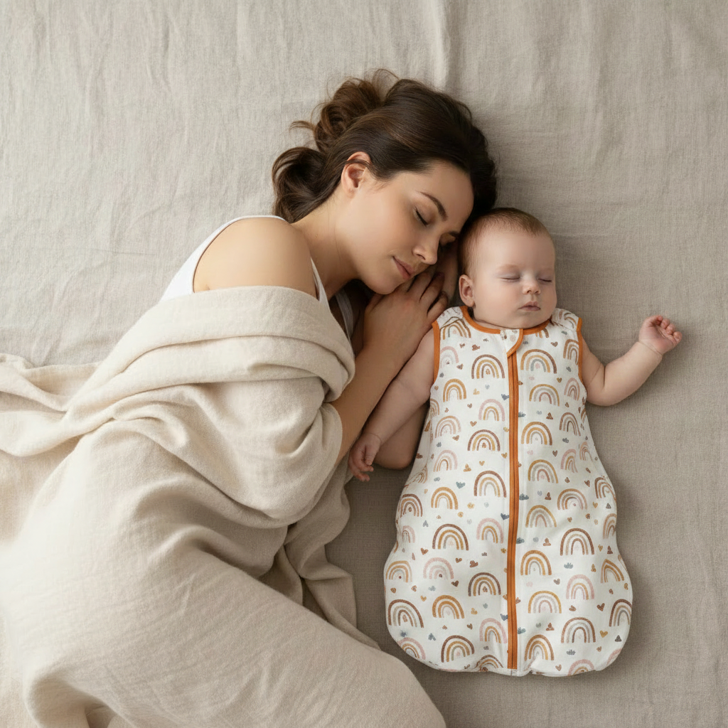 Gigoteuse bébé portée par un nourrisson endormi paisiblement dans un lit cododo à côté de sa maman, tous deux allongés sous une couverture légère.