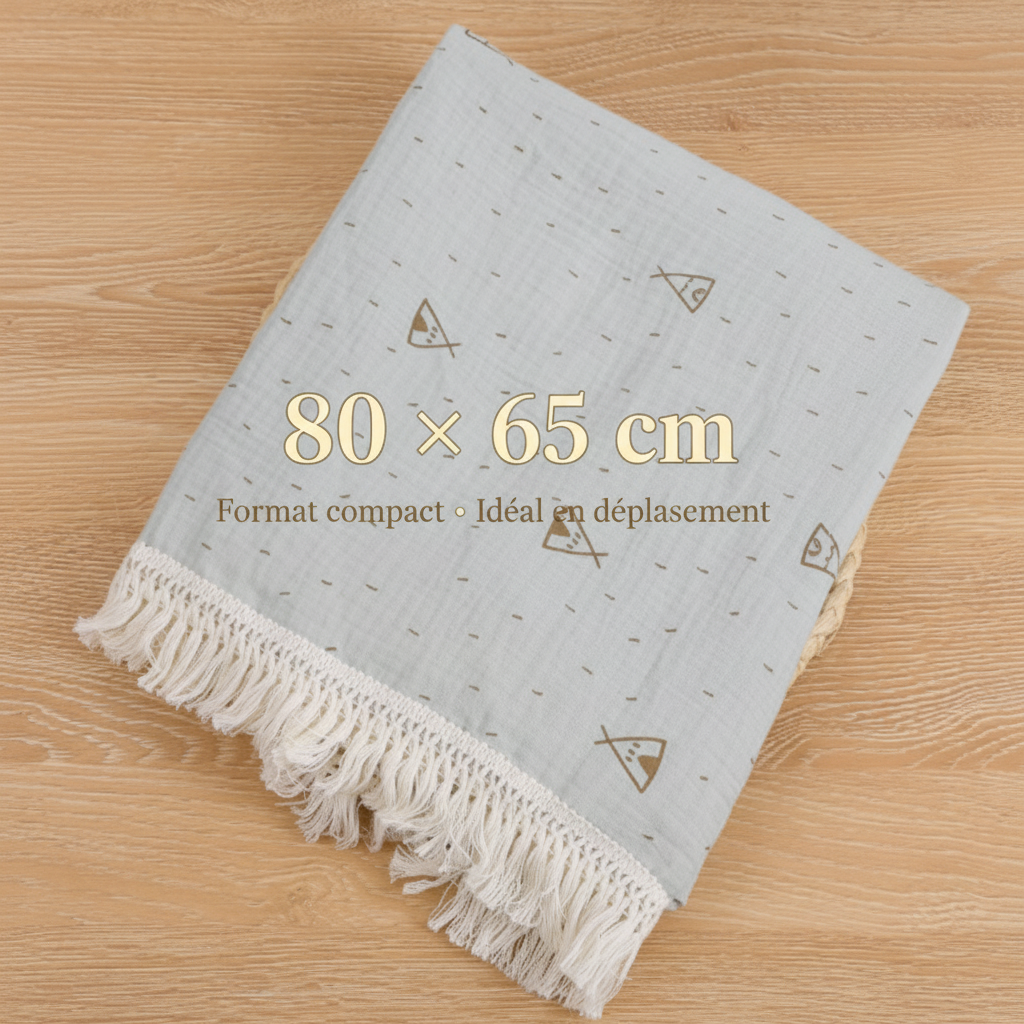 Lange bébé de dimension 80 x 65 cm au format compact idéal pour le déplacement, en mousseline de coton bleu gris avec motifs tipis et franges.