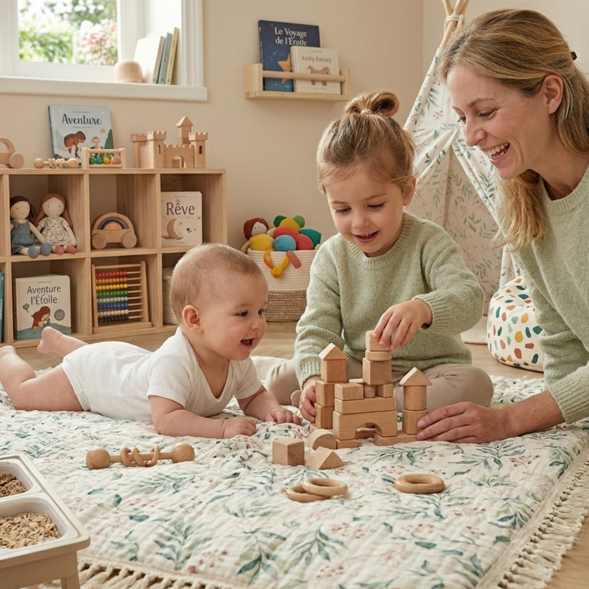 Lange bébé étalé au sol servant de tapis de jeu pour des enfants et une mère.