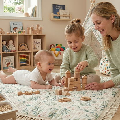 Lange bébé étalé au sol servant de tapis de jeu pour des enfants et une mère.