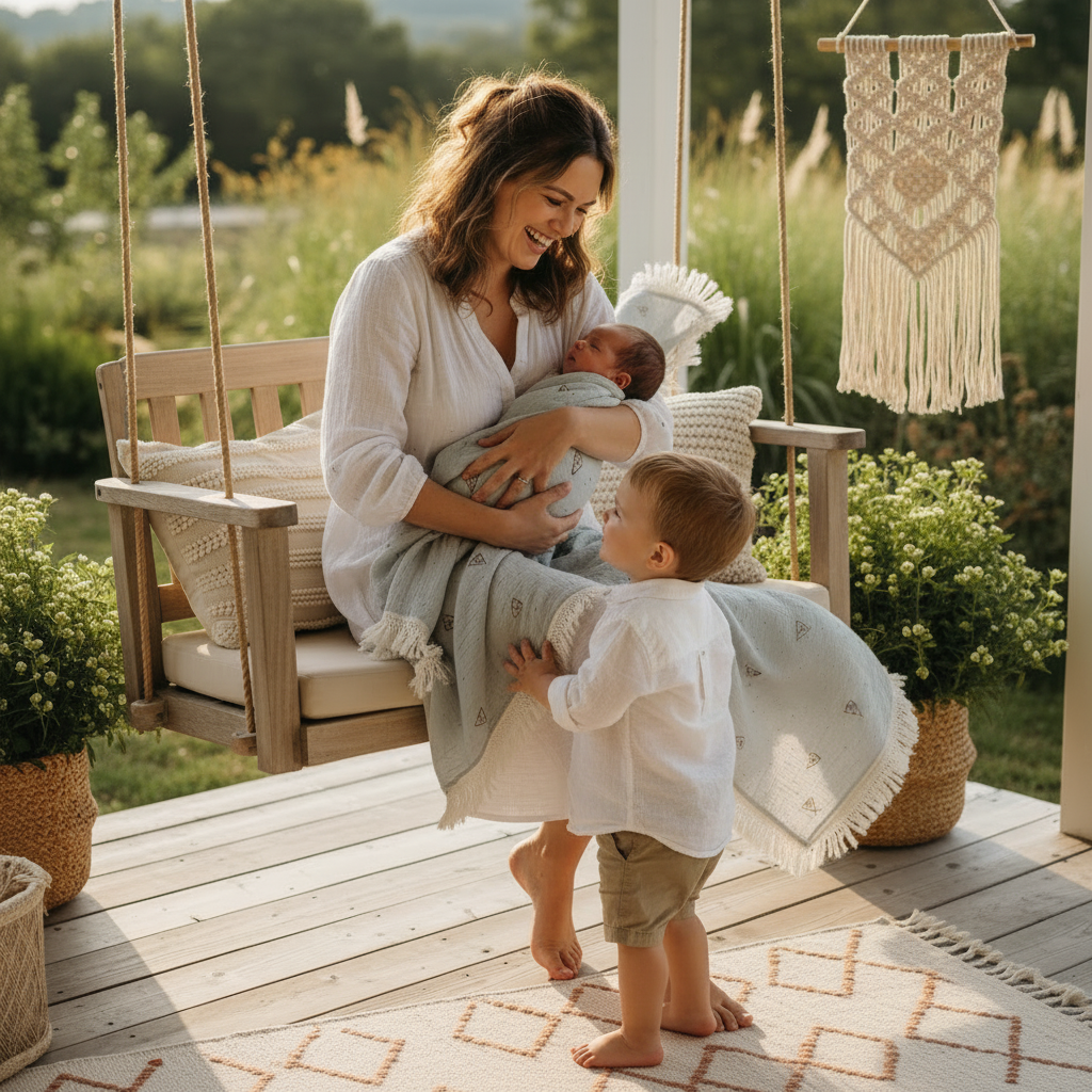 Lange bébé avec Maman assise sur une balançoire de jardin en bois, tenant son nouveau-né couvert d'un lange bébé aux côtés de son grand frère.