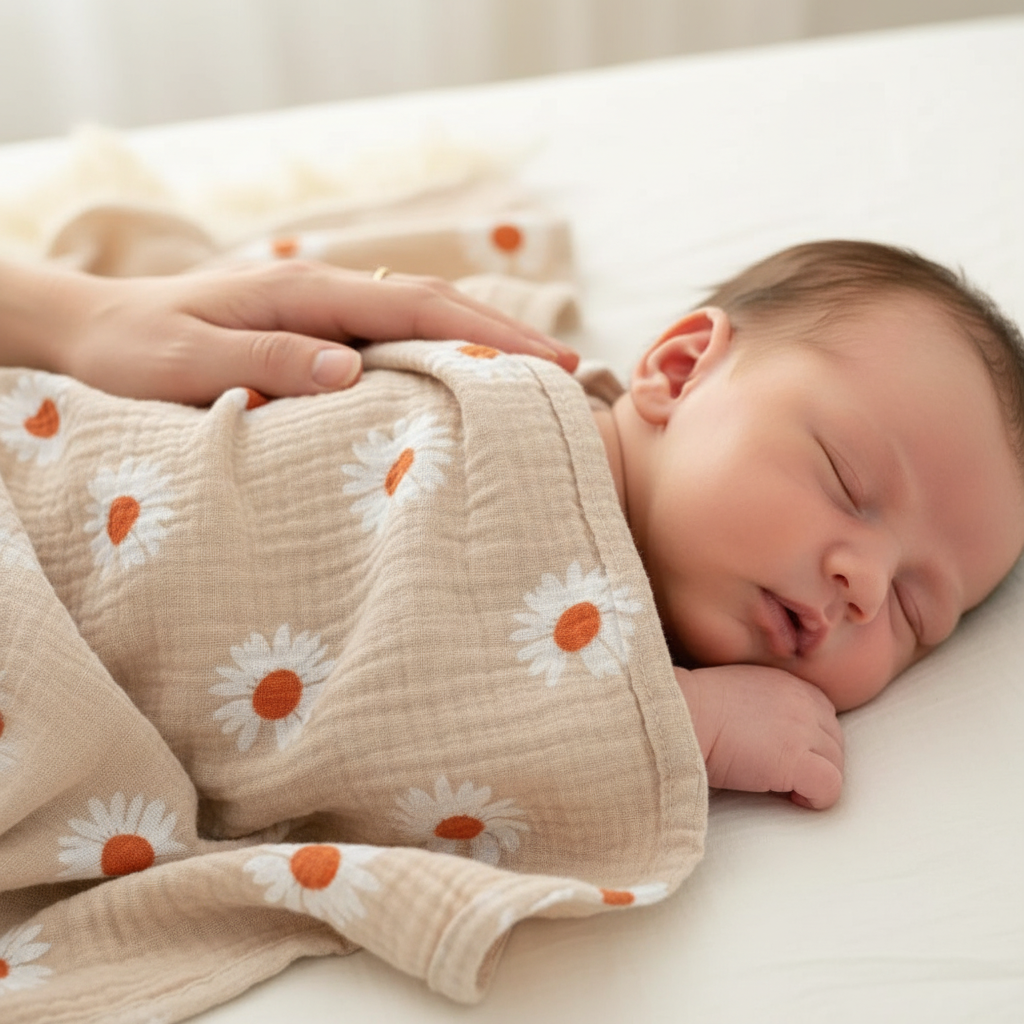 Lange bébé, nouveau-né qui dort paisiblement enveloppé dans un lange bébé beige à fleurs.