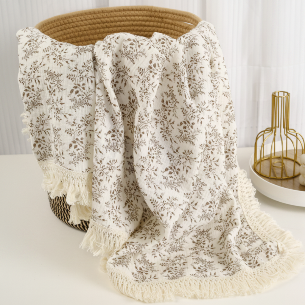 Lange bébé style boho chic posé sur un panier en osier dans une décoration moderne.