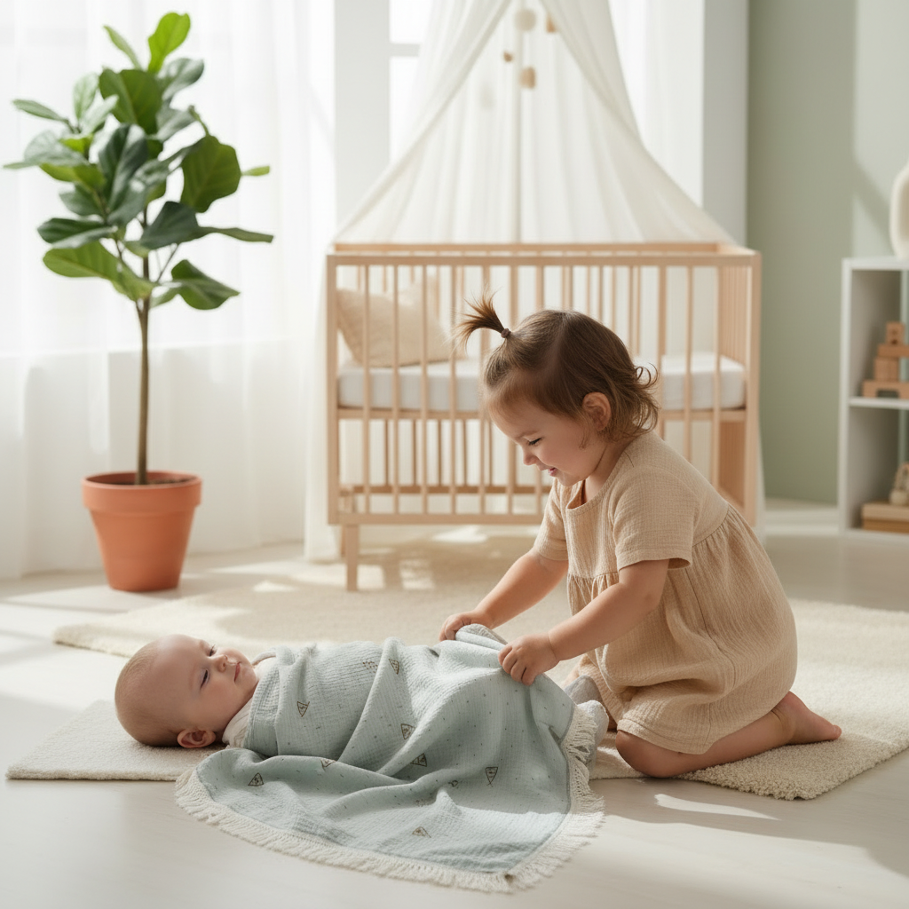 Lange bébé avec Petite fille jouant avec un lange bébé près d'un lit à barreaux en bois dans une chambre de style boho chic moderne.