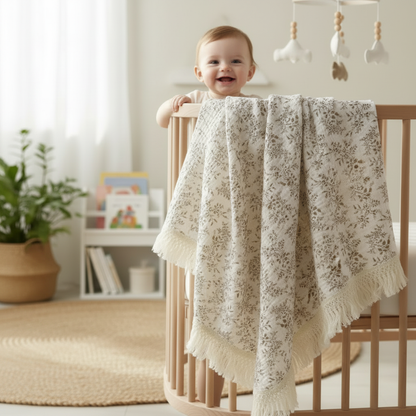 Lange bébé suspendu à un berceau en bois dans une chambre de style épuré.