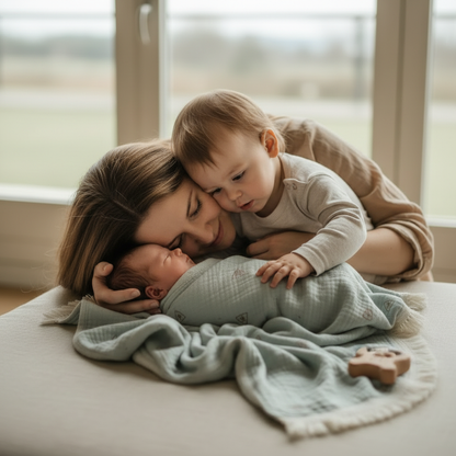 Lange bébé avec Maman et son jeune enfant câlinant un nouveau-né emmailloté dans un lange bébé doux sur un lit.