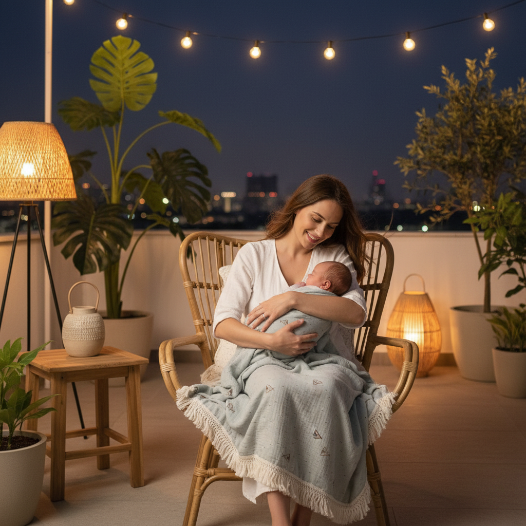 Lange bébé avec maman berçant son bébé emmailloté dans un lange bébé sur une terrasse au style bohème illuminée de guirlandes guinguette la nuit.