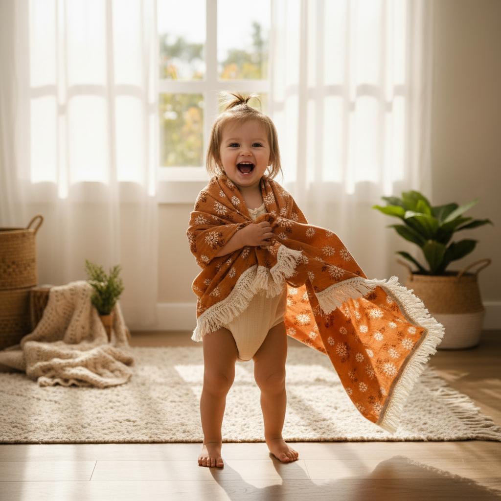 Lange bébé sur Jeune enfant s'amusant avec un lange bébé utilisé comme couverture légère.