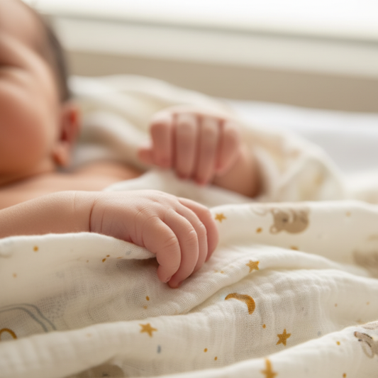 Lange bébé en mousseline avec motifs koalas, focus sur la main d'un nouveau-né.