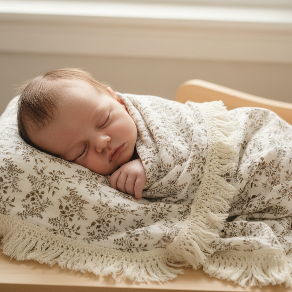 Lange bébé en double gaze de coton à motif floral avec bordures à franges.