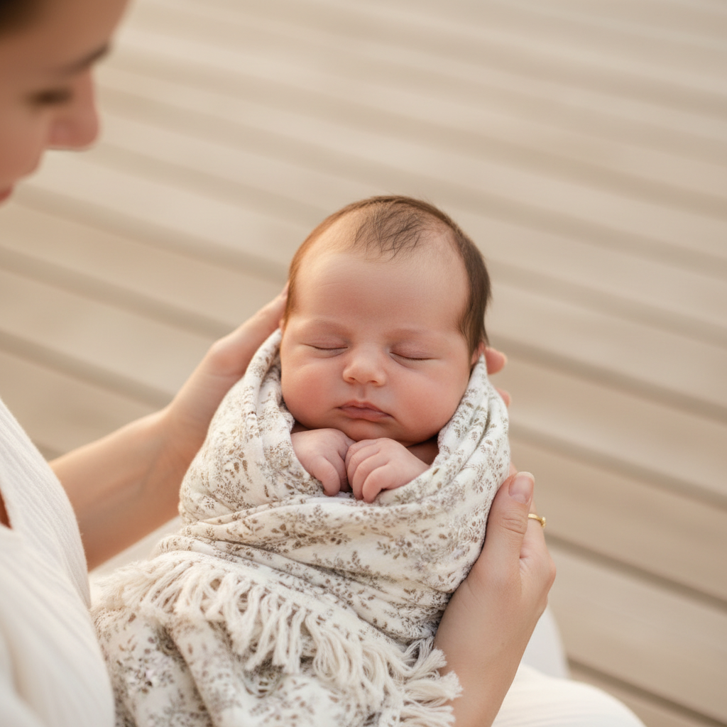 Lange bébé pour emmaillotage maintenu par un parent, mettant en avant la douceur du tissu.