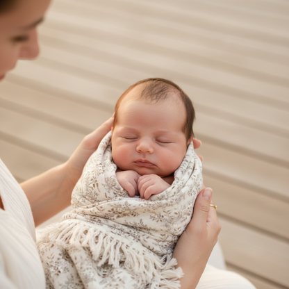 Lange bébé pour emmaillotage maintenu par un parent, mettant en avant la douceur du tissu.