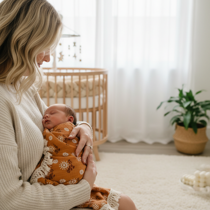Lange bébé Nouveau-né emmailloté dans un lange bébé terracotta lors d'un câlin.