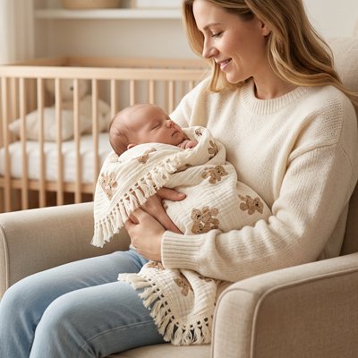 lange bébé à motifs oursons utilisé pour emmailloter un nouveau-né endormi dans les bras de sa maman.