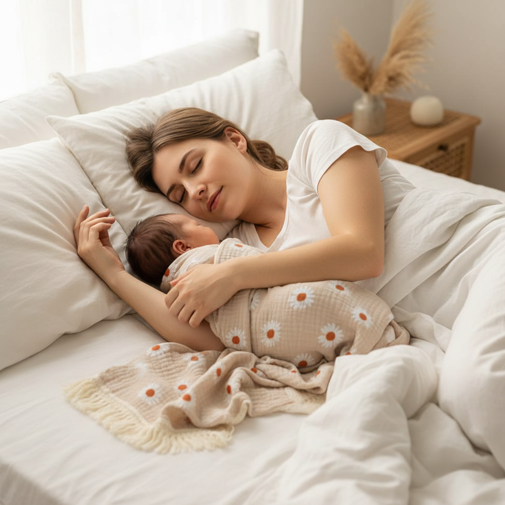 Lange bébé avec Maman allongée sur un lit tenant son bébé emmailloté dans un lange à motifs marguerites.