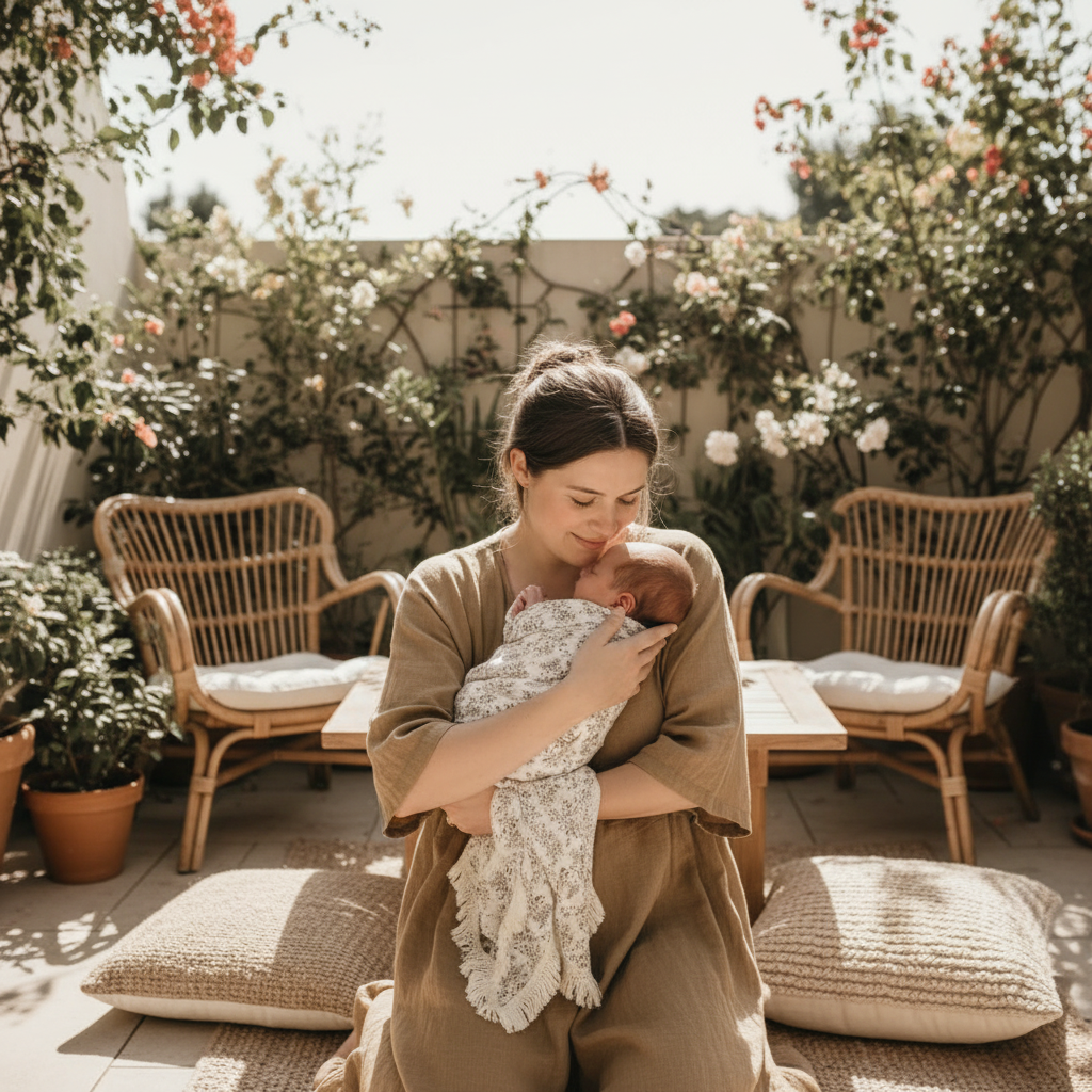 Lange bébé porté par une maman dans une ambiance terrasse au style boho nordique.