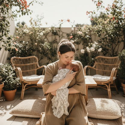 Lange bébé porté par une maman dans une ambiance terrasse au style boho nordique.