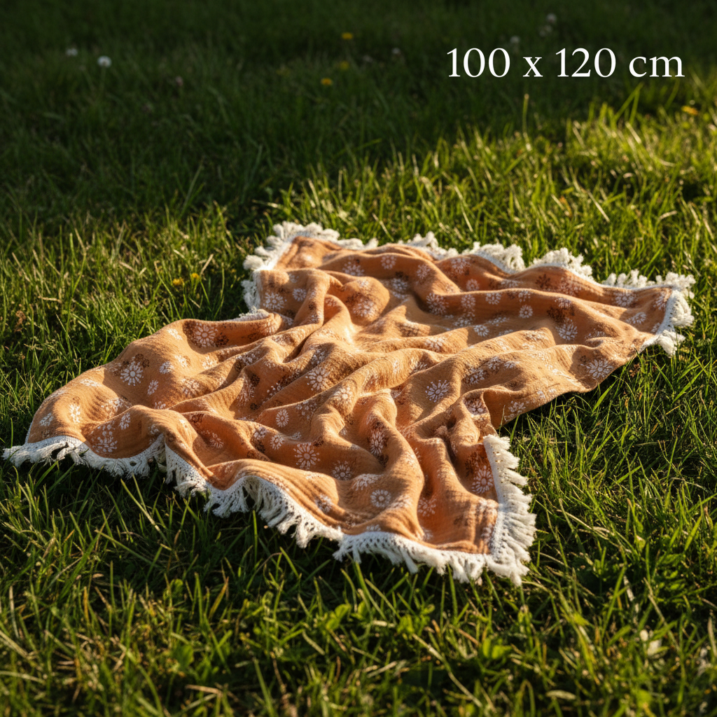 Lange bébé de 100 x 120 cm présenté à plat dans un jardin.