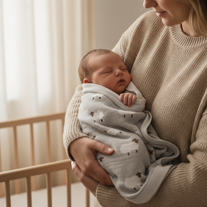 Lange bébé couleur gris perle utilisé pour couvrir un nouveau-né contre sa maman lors d'un moment de tendresse.