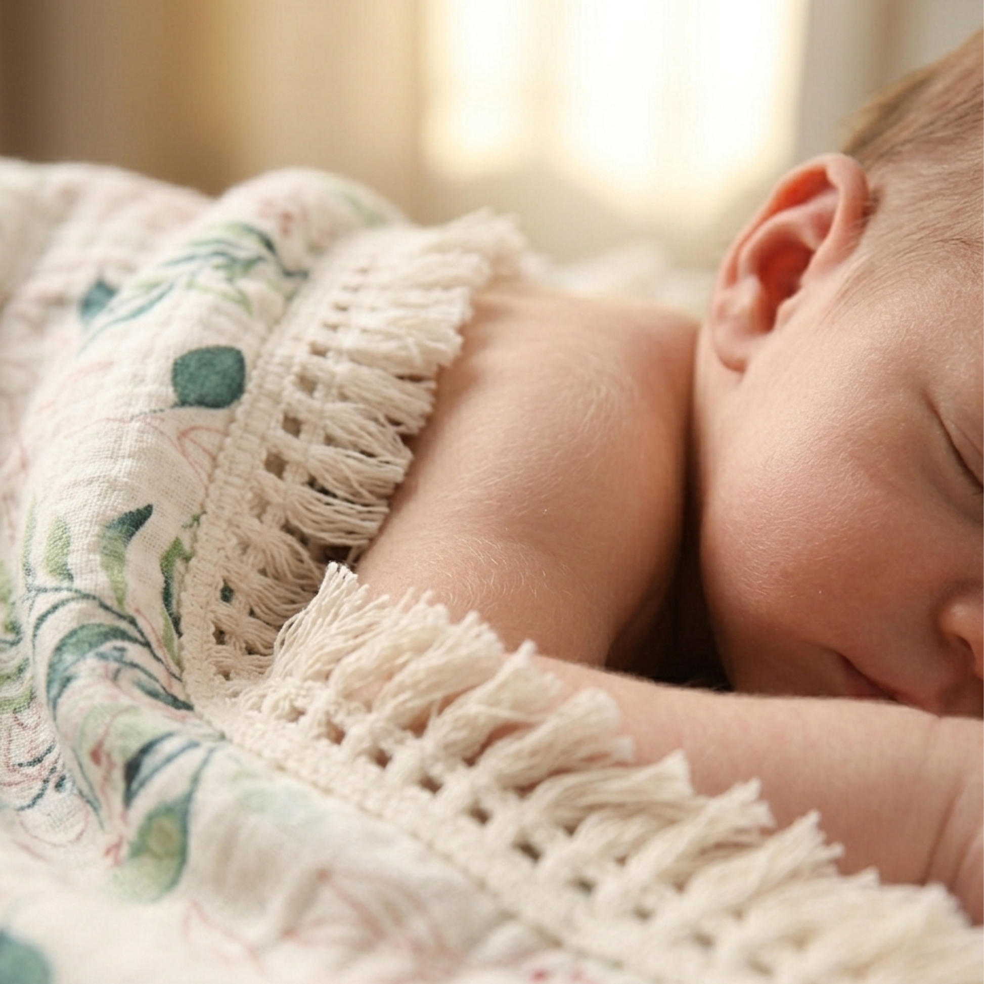 Lange bébé, gros plan sur le détail des franges et la texture du tissu.