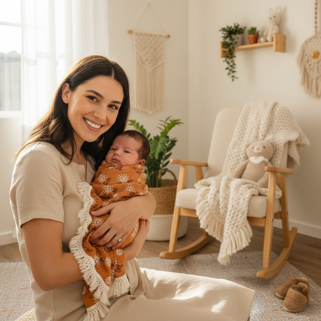 Lange bébé avec Maman tenant son bébé emmailloté dans un décor intérieur boho chic.