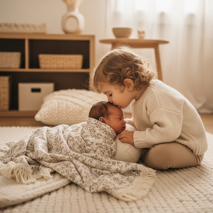 Lange bébé enveloppant un nouveau-né lors d'un moment tendre avec une petite fille.