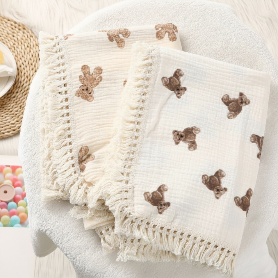 lange bébé lot de deux langes en mousseline de coton crème pliés avec bordures à franges.