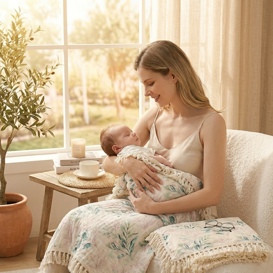 Lange bébé utilisé par une mère pour envelopper son nouveau-né lors d'un câlin.