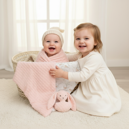 Lange bébé partageant un moment de douceur entre frère et sœur.