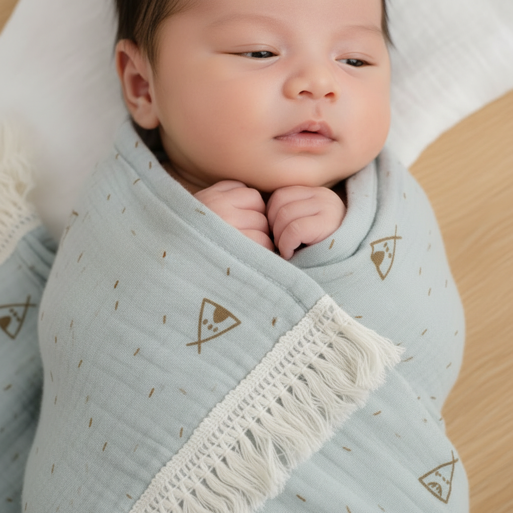 Lange bébé en mousseline bleu gris avec motifs tipis et franges blanches, enveloppant doucement un nouveau-né endormi