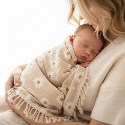 Lange bébé en mousseline de coton beige avec motifs marguerites enveloppant un nouveau-né.