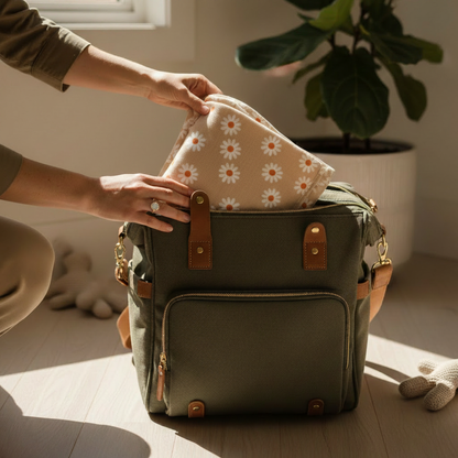 Lange bébé plié et rangé dans un sac à langer pour une sortie avec maman.
