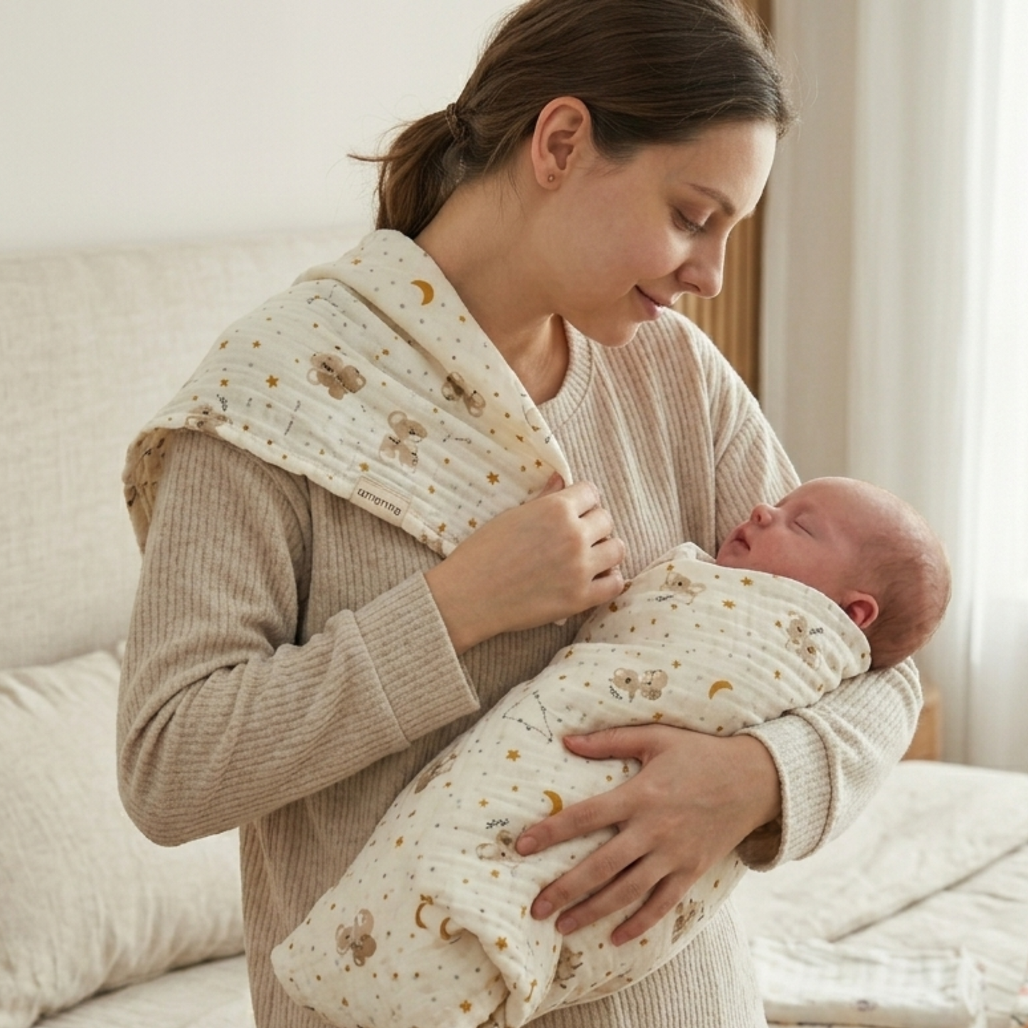Lange bébé maintenant confortablement un bébé dans les bras de sa maman.