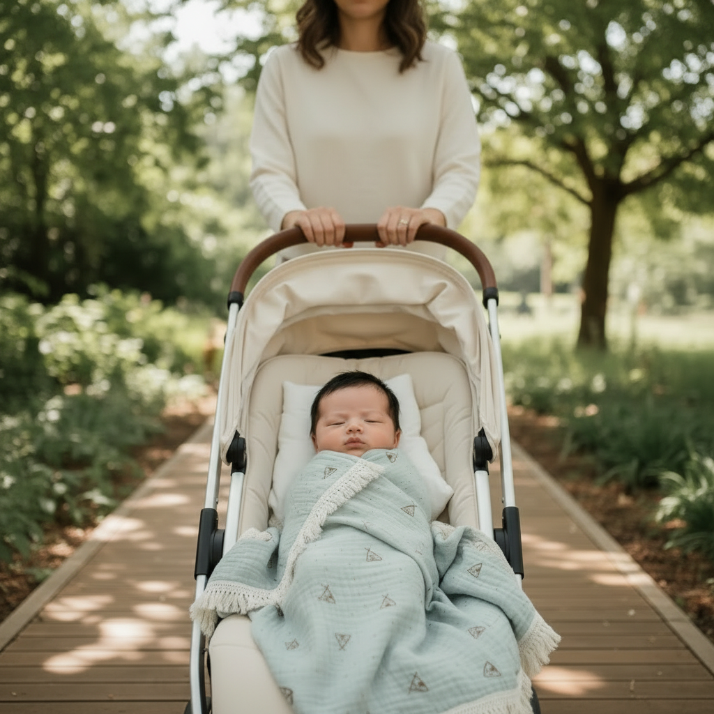 Lange bébé imprimé protégeant un nouveau-né confortablement installé dans sa poussette lors d'une promenade au parc.
