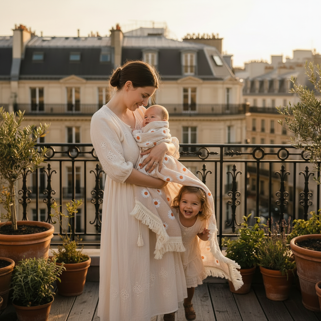 Lange bébé, maman et son bébé sur un balcon parisien avec un lange bébé au style boho moderne.
