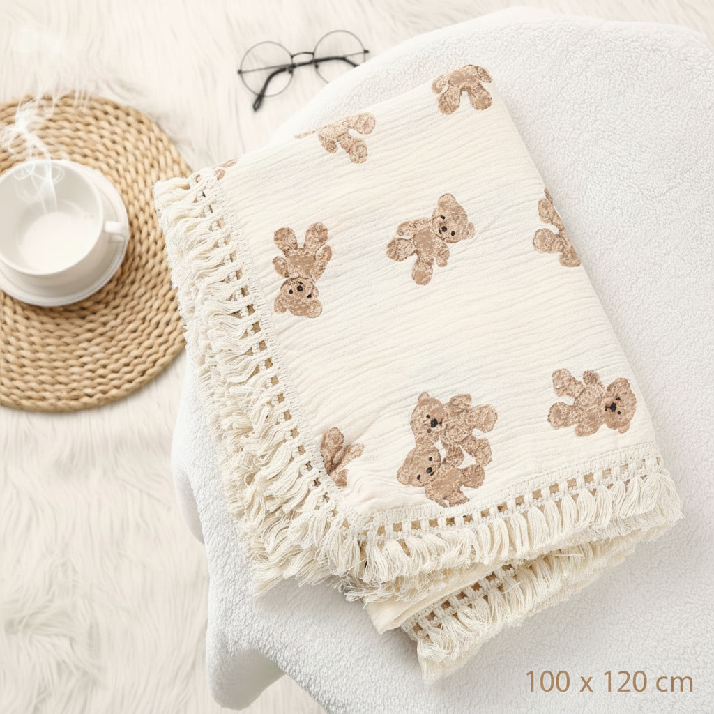 lange bébé grande taille 100x120 cm en double gaze de coton avec motifs petits oursons.
