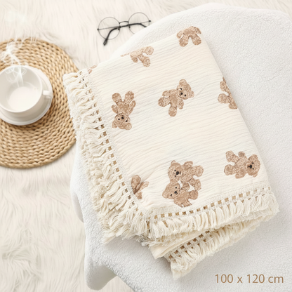 lange bébé grande taille 100x120 cm en double gaze de coton avec motifs petits oursons.