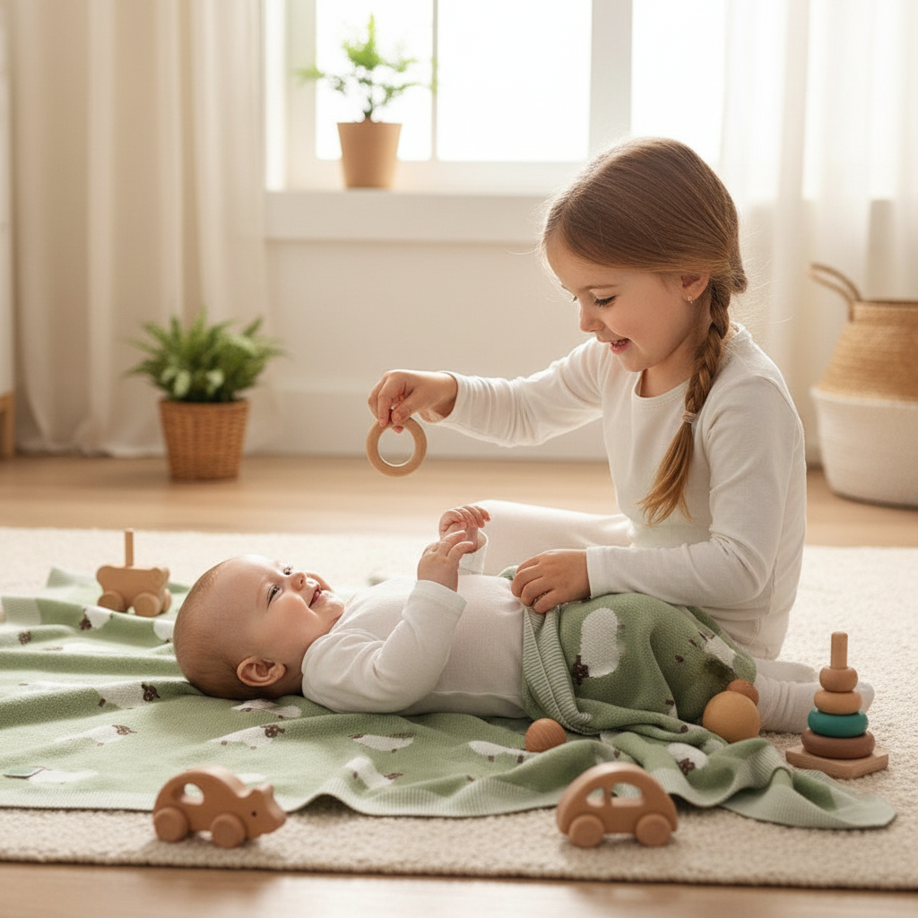 Lange bébé utilisé comme petit tapis de sol pour un nourrisson jouant avec sa sœur dans un environnement lumineux.