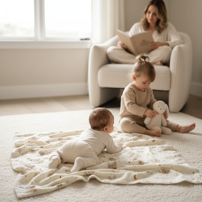 Lange bébé posé au sol servant de tapis d'éveil pour un enfant jouant avec so.a soeur